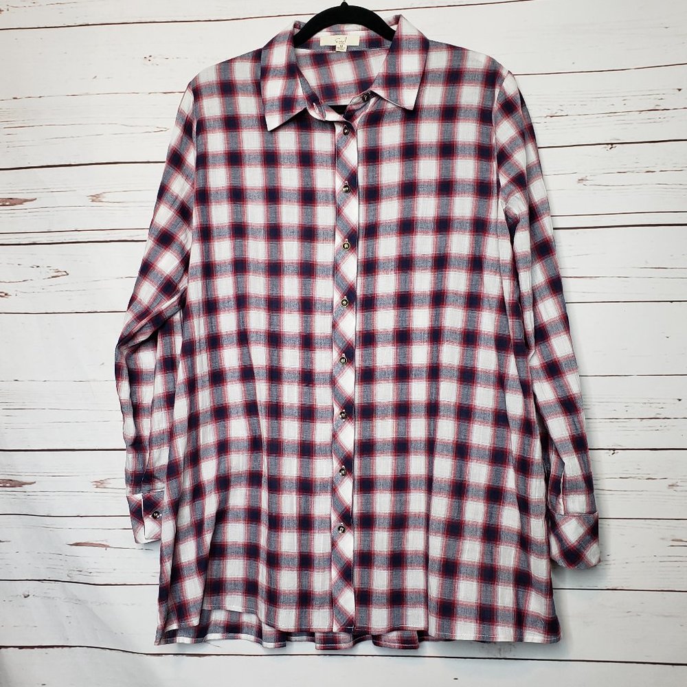 Easel Plaid Button Down Tunic with Peplum Back